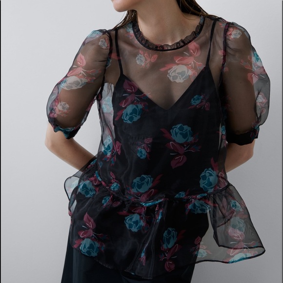 Zara PRINTED ROSE ORGANZA SEMI-SHEER BLOUSE PEPLUM - Picture 2 of 8
